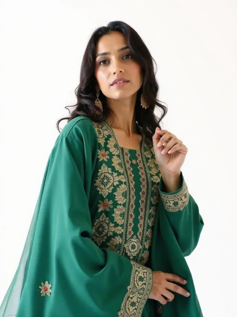 close_up portrait photo of 25 year old beautiful desimocha woman, (plain white background), Emerald ethnic print Patiala Suit, fashion photography, dynamic pose, facing viewer < <lora:DesiCoffee_Trial_Flux_LoRA_V1:1>âââ