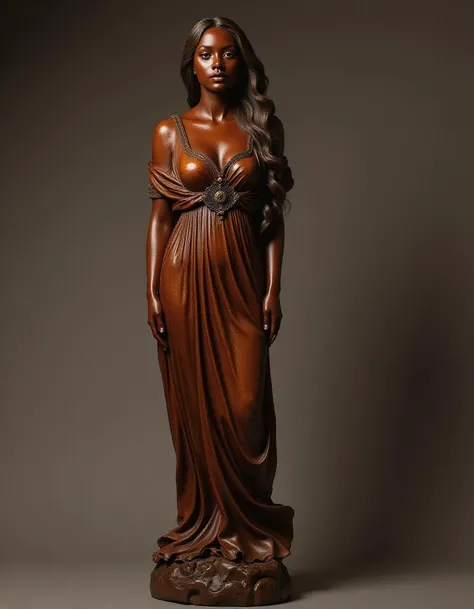 a carving of a woman in highly polished mahogony
it's a full body statue of the woman, fine details, long flowing hair, full lower lip,
teardrop breasts, hourglass figure
carved wearing a flowing silk dress, long legs, score_9, score_8_up, score_7_up, hyperdetailed, hyperrealistic, best quality, (masterpiece:1.3),high-definition, intricate details, volumetric lighting, symmetrical face, level eyes,