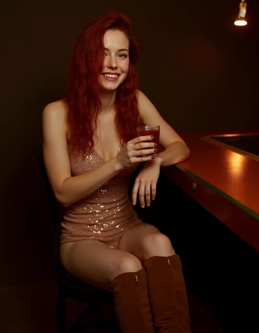 a full body portrait of a pale skinned 18 year old woman, her chin is round, her face is an inverted triangle shape, she has long wavy deep red hair that hangs over one of her eyes
she's slim with medium breasts
she's sitting at a bar, her drink is in a tumbler, her cheeks are slightly flushed
she's wearing a sequinned short dress that glitters in the light, her shoes are thigh high suede boots
she's smiling in the viewers direction