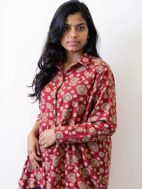 close_up portrait photo of 25 year old beautiful desi woman, (plain white background), Rose ethnic print Kalamkari Dress (hand-painted fabric), fashion photography, dynamic pose, facing viewer < <lora:DesiCoffee_Trial_Flux_LoRA_V1:1>âââ
