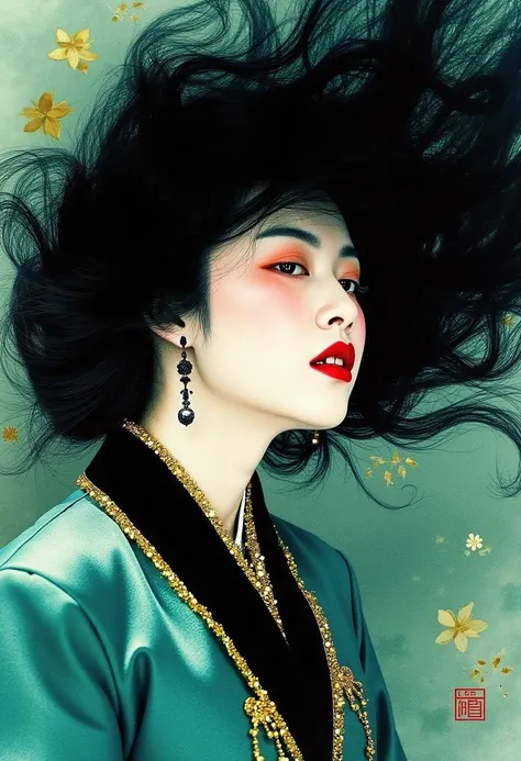 A captivating portrait emerges, featuring a close-up of Lebanese Chinese woman's head, her beauty enhanced by a Halloween vampire theme. Dressed in a jade and black ensemble with gold highlights, her naturally wavy black hair dances in an imaginary breeze, creating a sense of movement and freedom. Her skin, luminous and radiant, is accentuated by the Chinese watercolor and ink technique, where delicate brushstrokes and subtle hues create a mesmerizing effect. This artwork, with its impressionistic bidimensional style, captures the woman's allure and the artist's skill, leaving viewers enthralled by the fusion of cultural influences and the magical atmosphere it evokes.  <lora:art and styles/Tang Bohu's Painting Style LORA [FLUX]_epoch_10>