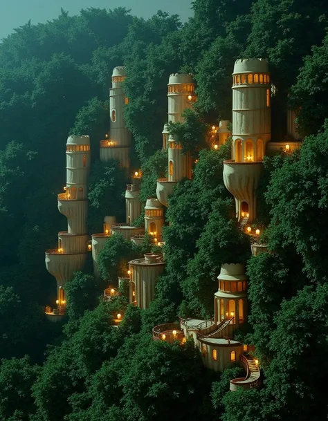 A surreal, hyperrealistic scene depicting an elaborate city built into the side of a lush green cliff. Towering structures made of smooth, warm-toned stone rise majestically, adorned with glowing lanterns that emit a soft, inviting light. The architecture features intricate details with arches, balconies, and winding staircases, seamlessly integrated with the surrounding dense foliage. Shades of deep green dominate the landscape, accented by the warm glow from the buildings, creating a stunning contrast against the natural backdrop. The atmosphere is tranquil yet enchanting, with a sense of whimsy and wonder, suggesting a hidden world thriving in harmony with nature. Soft shadows and highlights add depth, evoking a magical twilight setting.