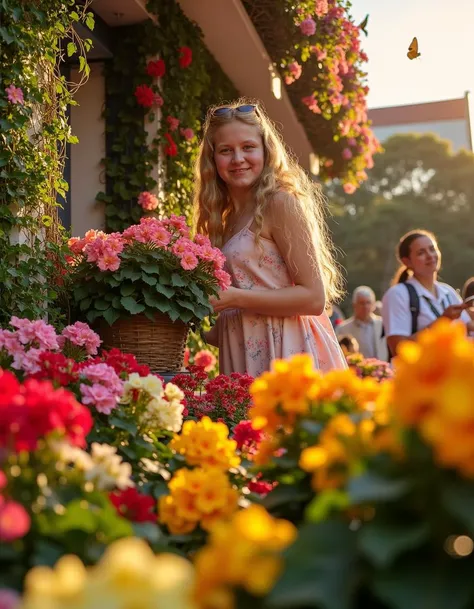 In a vibrant marketplace bursting with life, a 19-year-old girl stands amidst a breathtaking display of flowers, her radiant beauty drawing the eye of passersby. Her long, wavy hair cascades down her shoulders, catching the sunlight and shimmering like golden silk. She wears a light, pastel sundress adorned with delicate floral patterns that mirror the blossoms around her. Surrounding her is a magnificent flower display stand, filled with an array of blooming flowers in a riot of colorsâbrilliant reds, soft pinks, and sunny yellows, their sweet fragrance wafting gently in the warm breeze. Nearby, a charming flower pot houses a lively cluster of geraniums, their vibrant petals standing out distinctly against rich green foliage. Behind her, a stunning flower wall decorated with lush arrangements creates an enchanting backdrop, where vines weave through a canvas of colorful blooms, making it look like a secret garden. Butterflies flit about, adding a touch of whimsy to the scene. The girl's eyes sparkle with joy as she interacts with the flowers, her fingers brushing softly over the petals, feeling their velvety texture. The overall atmosphere is lively yet serene, radiating warmth and happiness as the sun begins to set, casting a golden hue that envelops the entire scene in a soft glow.