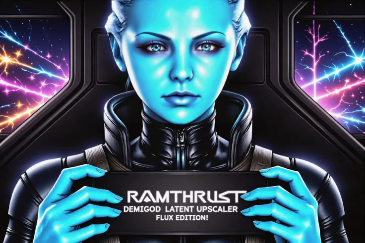 bmstyle, anime, bo-bioluminescent, Quiet
Colorful Abstract Geometric Portrait with Floral Elements Art. The blue female Asari is at the center of the image, her expressive face and animated body language capturing your attention. She is surrounded by sleek lines, metallic textures, and glowing accents that convey a sense of advanced technology and futurism. The color palette is a vibrant, electric blue gradient (#03A9F4) for the sky, accented with deep blues and silvers for the Asari's cybernetic enhancements. She holds a sign in her hands up to her chest under her boobs with text "RAMTHRUST DEMIGOD LATENT UPSCALER: FLUX EDITION!"
