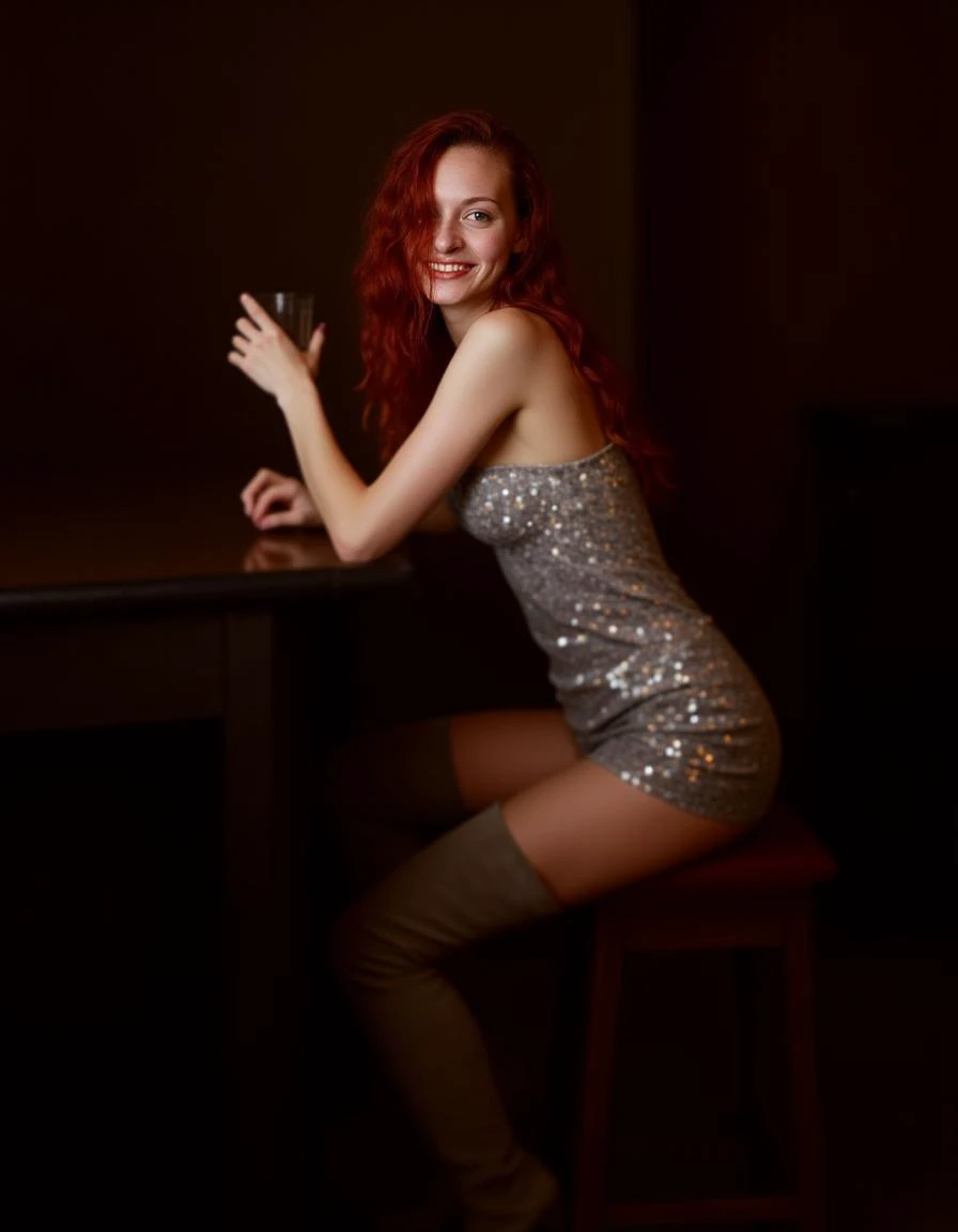 a full body portrait of a pale skinned 18 year old woman, her chin is round, her face is an inverted triangle shape, she has long wavy deep red hair that hangs over one of her eyes
she's slim with medium breasts
she's sitting at a bar, her drink is in a tumbler, her cheeks are slightly flushed
she's wearing a sequinned short dress that glitters in the light, her shoes are thigh high suede boots
she's smiling in the viewers direction
