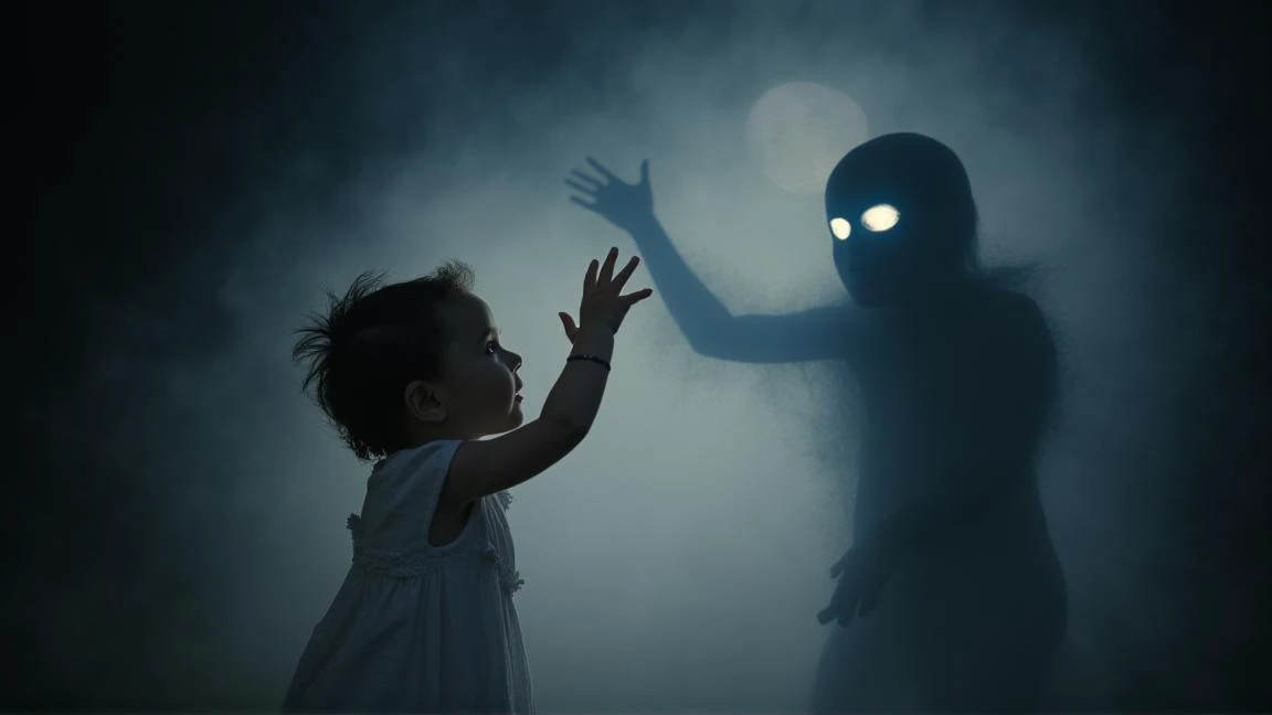 A ghostly, ethereal creature with a shadowy, smoke-like body that fades in and out of visibility, its eyes glowing faintly from within the mist. On the left, a baby girl from France, wearing a simple white dress, reaches out with both hands toward the specter, her face illuminated with curiosity and wonder as if she sees the beauty in something others might fear. Lighting: dim, with soft moonlight reflecting on the misty form of the creature.