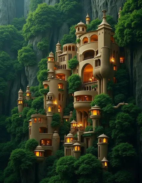 A surreal, hyperrealistic scene depicting an elaborate city built into the side of a lush green cliff. Towering structures made of smooth, warm-toned stone rise majestically, adorned with glowing lanterns that emit a soft, inviting light. The architecture features intricate details with arches, balconies, and winding staircases, seamlessly integrated with the surrounding dense foliage. Shades of deep green dominate the landscape, accented by the warm glow from the buildings, creating a stunning contrast against the natural backdrop. The atmosphere is tranquil yet enchanting, with a sense of whimsy and wonder, suggesting a hidden world thriving in harmony with nature. Soft shadows and highlights add depth, evoking a magical twilight setting.