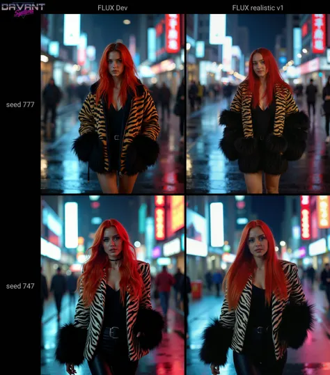 A high-resolution photo of a stylish woman walking through a city street at night. She has long, vibrant red hair and is wearing a bold, zebra-print jacket with dramatic black fur accents on the sleeves. The city background is illuminated by neon lights, with reflections from wet surfaces creating a moody, futuristic atmosphere. The woman has a confident, slightly enigmatic expression as she moves through the bustling urban environment,