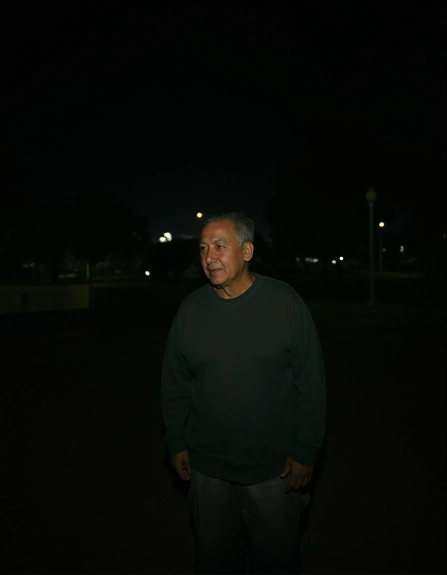 bad quality, photo of 50 years old man at the park at night, in early 2000s, bad lightning