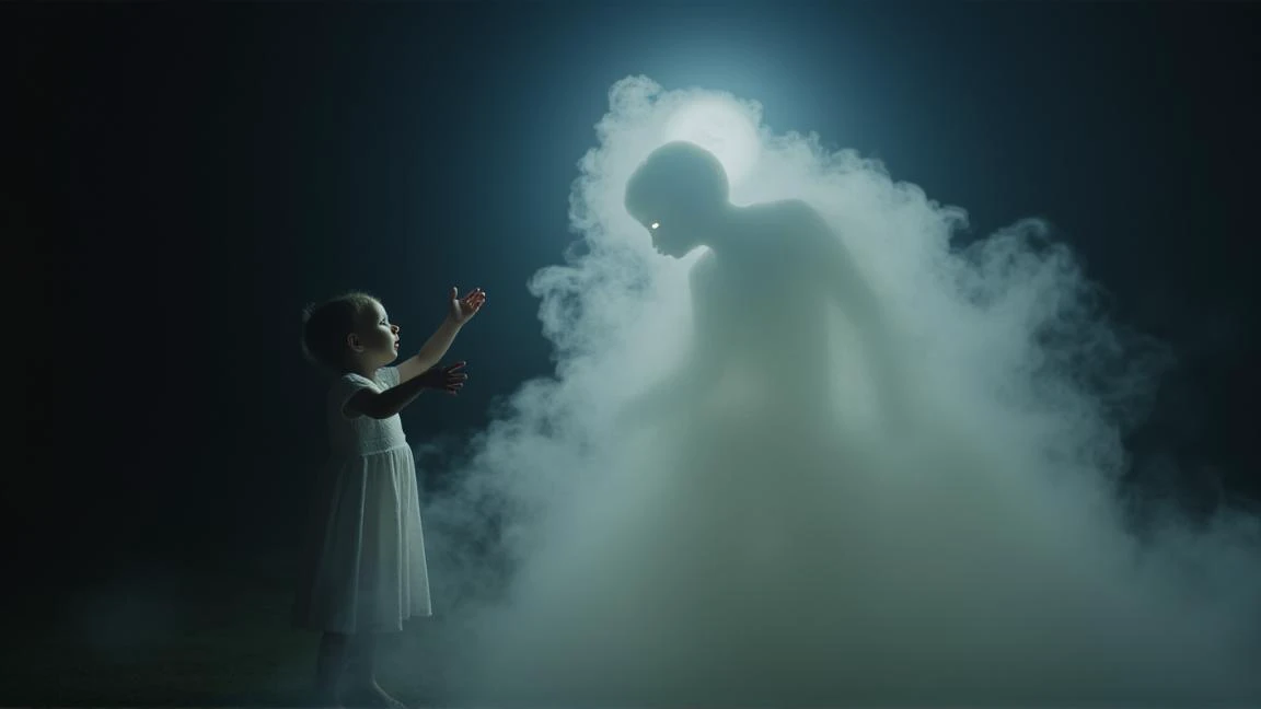 A ghostly, ethereal creature with a shadowy, smoke-like body that fades in and out of visibility, its eyes glowing faintly from within the mist. On the left, a baby girl from France, wearing a simple white dress, reaches out with both hands toward the specter, her face illuminated with curiosity and wonder as if she sees the beauty in something others might fear. Lighting: dim, with soft moonlight reflecting on the misty form of the creature.