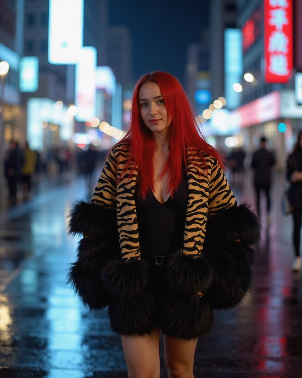 A high-resolution photo of a stylish woman walking through a city street at night. She has long, vibrant red hair and is wearing a bold, zebra-print jacket with dramatic black fur accents on the sleeves. The city background is illuminated by neon lights, with reflections from wet surfaces creating a moody, futuristic atmosphere. The woman has a confident, slightly enigmatic expression as she moves through the bustling urban environment,