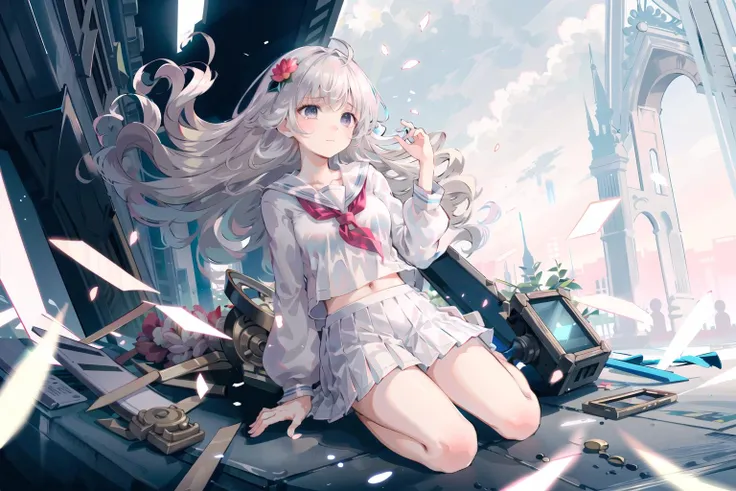 (Masterpiece, best quality:1.2),highres,ultra-detailed,illustration,depth of field,ray tracing, beautiful detail eyes, 1girl,solo, <lora:hikari(Arcaea)v2:0.9>,(absurdly long hair,floating hair,messy hair:1.5),silver hair,grey eyes,(white serafuku,the veil with flower,white pleated skirt),kneeling,barefoot,expressionless,gloom \(expression\),(tears),from side,looking down,flying petals,flower,outdoors,gothic architecture,blurry background,