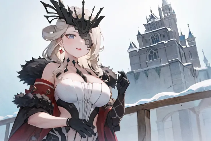 ((masterpiece,best quality)), 1girl, solo,
signora \(genshin impact\), blonde hair, black mark, eye mark, one eye covered, dangle earrings, fur trim, fur-trimmed coat, gloves, huge breasts, cleavage,
looking at viewer, ((upper body)), from below,
winter, snow, ice, castle,
