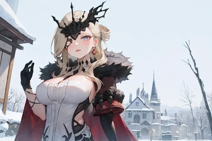 ((masterpiece,best quality)), 1girl, solo,
signora \(genshin impact\), blonde hair, black mark, eye mark, one eye covered, dangle earrings, fur trim, fur-trimmed coat, gloves, huge breasts, cleavage,
looking at viewer, ((upper body)), from below,
winter, snow, ice, castle,