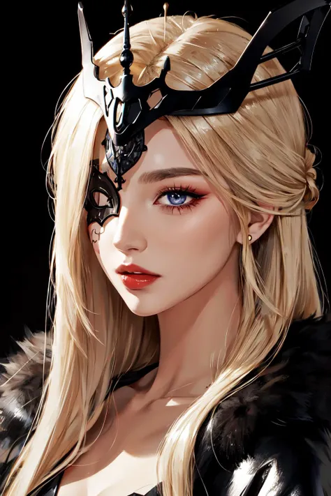 1girl, solo, blonde hair, blue eyes, long hair, open mouth, mask, one eye covered, eye shadow, makeup, collarbone, black mask, looking at viewer, bare shoulders,upper body,realistic,(shiny skin), signora \(genshin impact\), black mask, eye mask, one eye covered, fur trim, mature female, gloves, fur-trimmed coat, <lora:signora-v3-lora-any:0.7>
