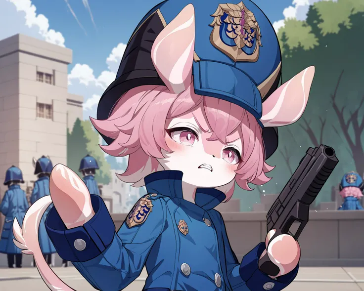 score_9, score_8_up, score_7_up, score_6_up, score_5_up, source_anime, <lora:MelusineSDXL-V1:1>, BREAK
melusine, pink skin, pink eyes, pink hair, straight ears, thin tail, police uniform, blue helmet, blue jacket, firing a gun