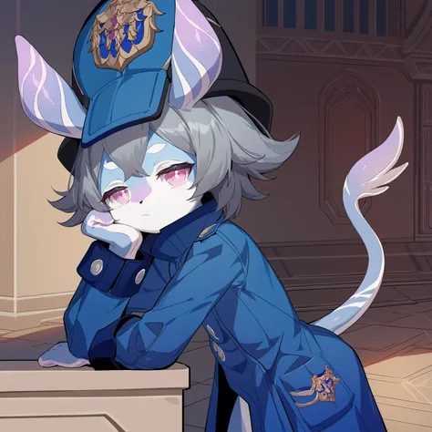 <lora:Anime Style 2 SDXL_LoRA_Pony Diffusion V6 XL:0.5>, score_9, score_8_up, score_7_up, source_anime, (masterpiece, best quality:1.2), extremely detailed, soft ambient lighting, sharp focus, 4K, BREAK <lora:MelusineV4SDXL:1>, 1girl, solo, melusine, blue skin, purple skin, grey hair, pink eyes, straight ears, thin tail, police uniform, blue jacket, blue helmet, BREAK standing, sitting on ground, crossed legs, bored, looking at viewer