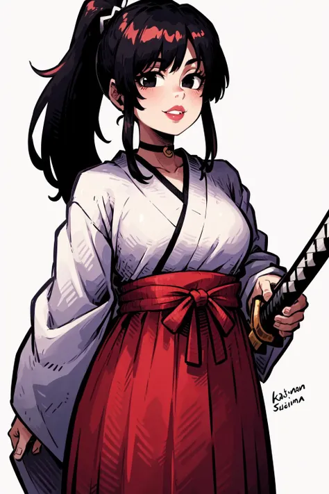 SLE, mksks style, best quality, masterpiece, detailed background, highly detailed, intricate, detailed face, long eyelashes, detailed eyes, (standing:1.1), (medium breasts:1.0), (white background:1.3),
(one girl, 1girl:1.1), (solo:1.3), (black eyes:1.3), (black hair:1.3), (ponytail:1.2), (thick lips:1.3), (choker:1.1), (pale skin:1.0), (korean:1.2),
(white samurai clothes, tradtional japanese clothes:1.3), (seigaiha:1.2), (long skirt), (katana, holding katana:1.2),
(light smile:1.1), <lora:envybetterhandsLocon_beta2:1> <lyco:SwamiTsunami-LoCon:1>