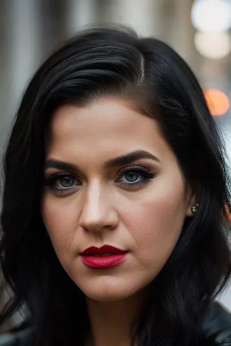 <lora:k4typ3rry:0.9>, a Realistic portrait of k4typ3rry woman,  1girl, solo, looking at viewer, blue eyes, black hair, parted lips, teeth, lips, eyelashes, makeup, lipstick, slit pupils, portrait, realistic, professional Photography, Photorealistic, detailed eyes, RAW, analog, sharp focus, 8k, HD, DSLR, high quality, Fujifilm XT3, film grain, award winning, masterpiece