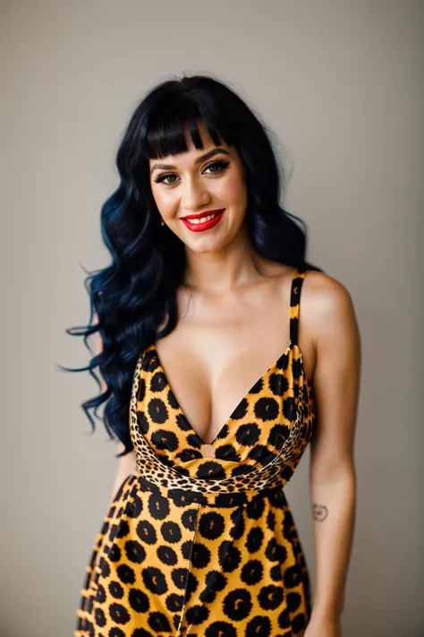 <lora:k4typ3rry:0.9>, a Realistic portrait of k4typ3rry woman,  1girl, solo, long hair, breasts, smile, simple background, black hair, dress, cleavage, teeth, nail polish, grin, hand on hip, makeup, short dress, lipstick, animal print, realistic, leopard print, professional Photography, Photorealistic, detailed eyes, RAW, analog, sharp focus, 8k, HD, DSLR, high quality, Fujifilm XT3, film grain, award winning, masterpiece
