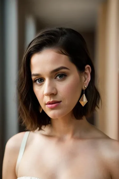 <lora:k4typ3rry:0.9>, a Realistic portrait of k4typ3rry woman,  1girl, solo, short hair, blonde hair, jewelry, earrings, parted lips, indoors, lips, makeup, portrait, realistic, professional Photography, Photorealistic, detailed eyes, RAW, analog, sharp focus, 8k, HD, DSLR, high quality, Fujifilm XT3, film grain, award winning, masterpiece