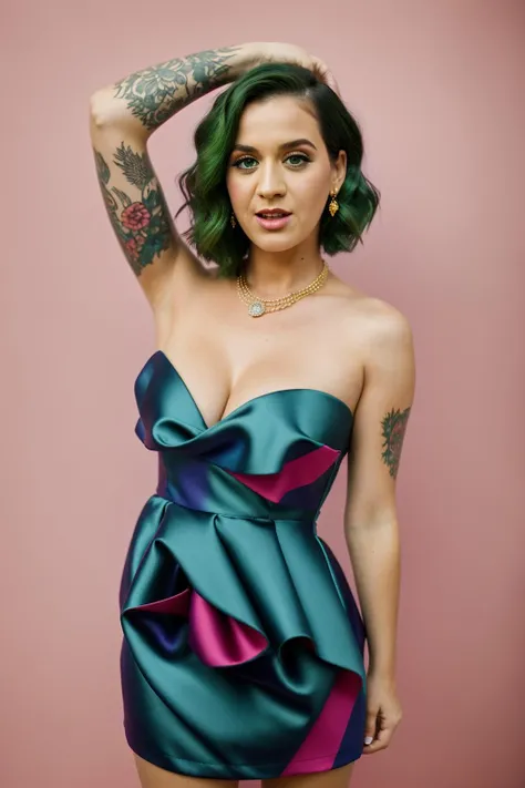 <lora:k4typ3rry:0.9>, a Realistic portrait of k4typ3rry woman, 1girl, solo, breasts, looking at viewer, short hair, open mouth, dress, cleavage, bare shoulders, jewelry, medium breasts, standing, green hair, armpits, necklace, high heels, arms up, strapless, blue dress, pink background, arms behind head, strapless dress, realistic, print dress, professional Photography, Photorealistic, detailed eyes, RAW, analog, sharp focus, 8k, HD, DSLR, high quality, Fujifilm XT3, film grain, award winning, masterpiece