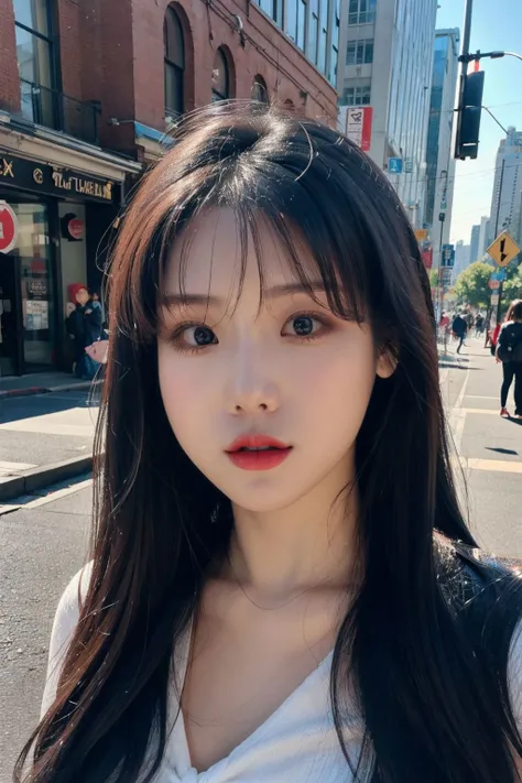glamour photo of boram_jj, amidst a bustling city, upper body framing, in a street photography setting, golden hour lighting:1.3), shot at eye level, on a Fujifilm X-T4 with a 50mm lens, <lora:boram_jj-15:0.9>