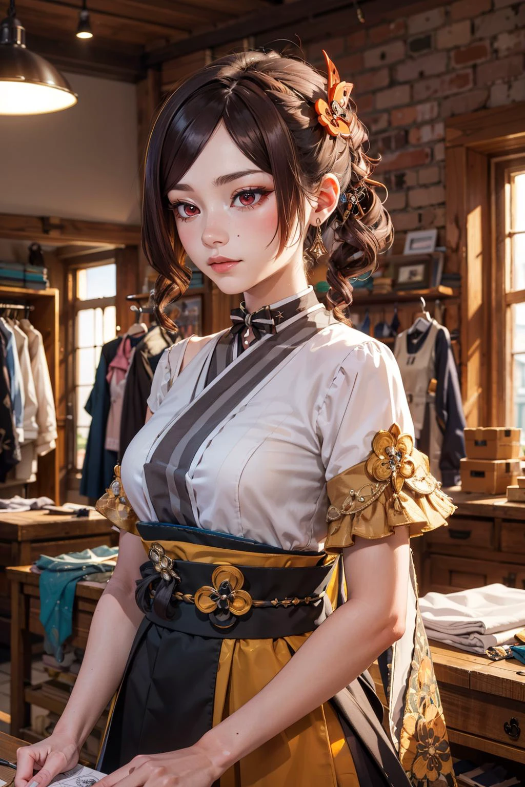 1girl, solo, upper body, HDR Photo, In the backstreets of a quiet town, stands a figure alone inside a tailor shop. This person, amidst an atelier filled with meticulously crafted garments, creates a masterpiece with each stitch. Surrounding them, colorful fabrics and sewn dresses reflect their skill and passion. In the background of the shop, racks filled with handmade clothes create a scene. This single-person workshop presents a perfect blend of art and craftsmanship, where each dress tells a story and every detail shines like a masterpiece, <lora:chiori_genshin:0.8> chiori gi, red eyes,brown hair,hair ornament