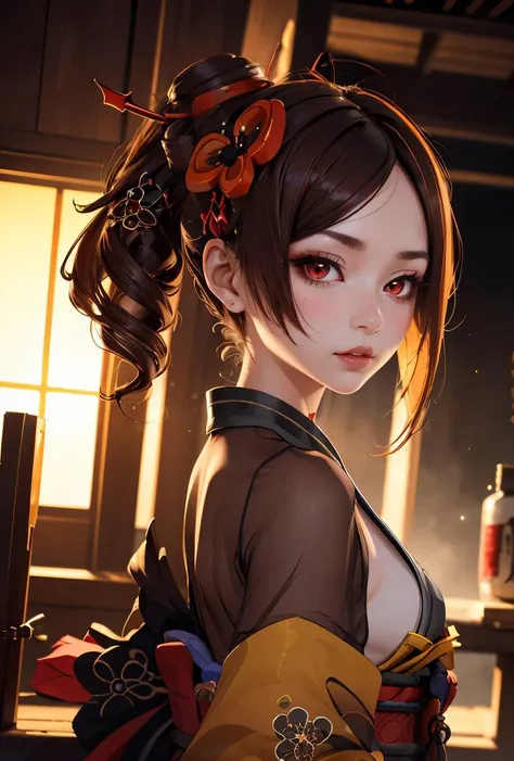 (masterpiece, best quality), 1girl, <lora:chiori_genshin:0.8> chiori gi, red eyes,brown hair,hair ornament