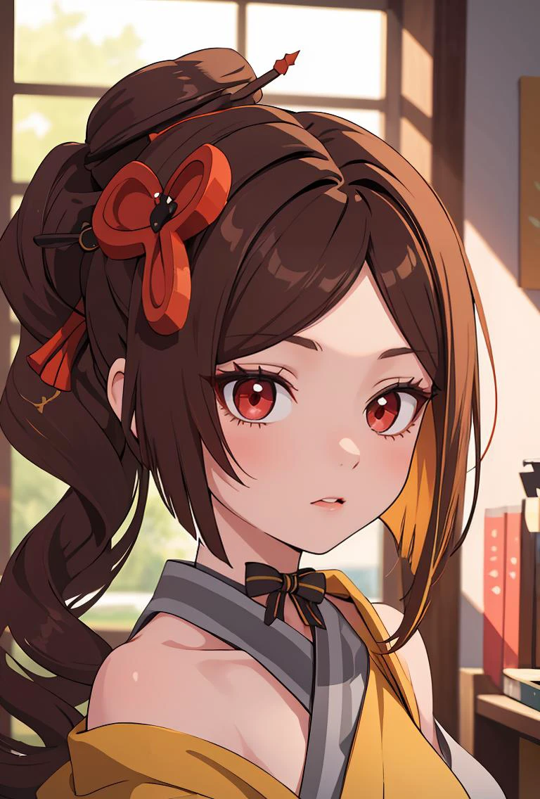 (masterpiece, best quality), 1girl, <lora:chiori_genshin:0.8> chiori gi, red eyes,brown hair,hair ornament