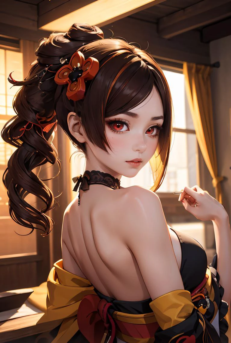 (masterpiece, best quality), 1girl, <lora:chiori_genshin:0.8> chiori gi, red eyes,brown hair,hair ornament