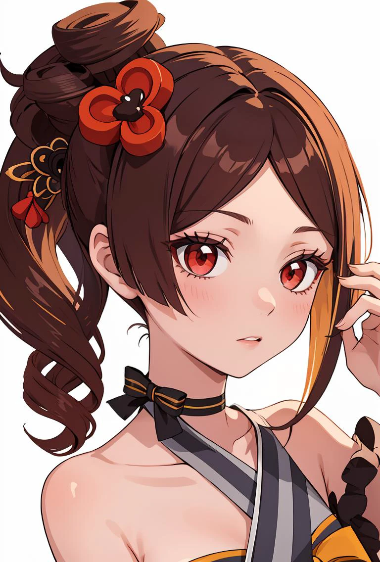 (masterpiece, best quality), 1girl, <lora:chiori_genshin:0.8> chiori gi, red eyes,brown hair,hair ornament