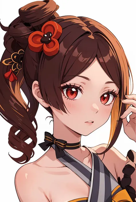 (masterpiece, best quality), 1girl,    <lora:chiori_genshin:0.8> chiori gi, red eyes,brown hair,hair ornament