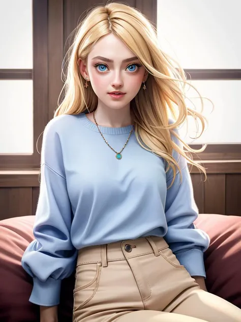 Realistic photo of a beautiful d4k0t4f woman,1girl,solo,long hair,looking at viewer,blue eyes,blonde hair,long sleeves,jewelry,sitting,parted lips,pants,blurry,lips,blurry background,ring,realistic, soft lighting, professional Photography, Photorealistic, detailed, RAW, analog, sharp focus, 8k, HD, high quality, masterpiece<lora:d4k0t4f:1.0>