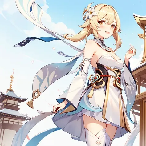 lumine_genshin_impack, 1girl, breasts, detached_sleeves, flower, upper_body, hair_flower, hair_ornament, long_sleeves, medium_breasts, solo, standing,white_dress, white_flower, white_legwear,
<lora:lumine_v1_iter900:1>, smile, blush,
outdoors,blue sky, temple, looking at viewer, mountain,