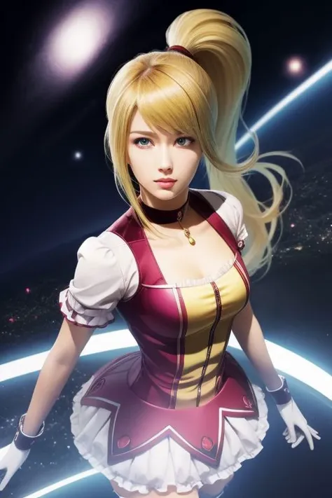 (samus aran) dressed in (kanamemadokaoutfit), (ponytail, hair tie), magical girl, masterpiece, best quality, (perfect face, beautiful face, symmetric face)