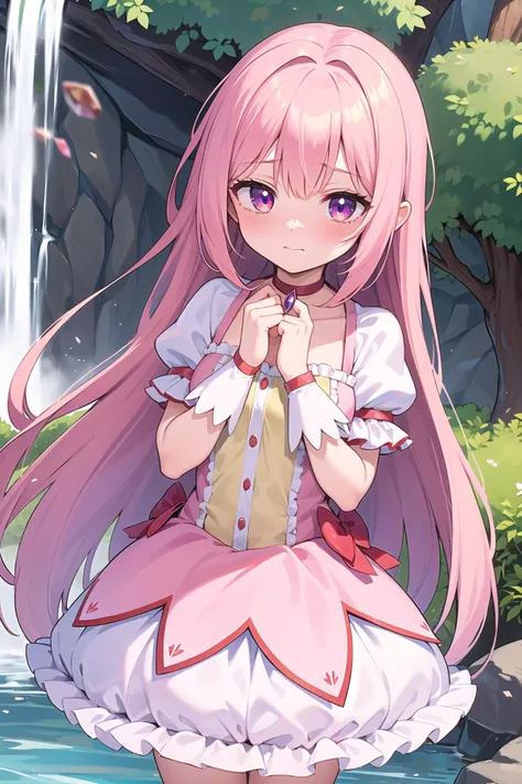 best quality, ultra-detailed, (1girl, solo,<lyco:kaname_madoka_outfit-v1:1>, kanamemadokaoutfit, soul_gem , , one eye visible through hair, very shy face,very long hair, ), next to a waterfall