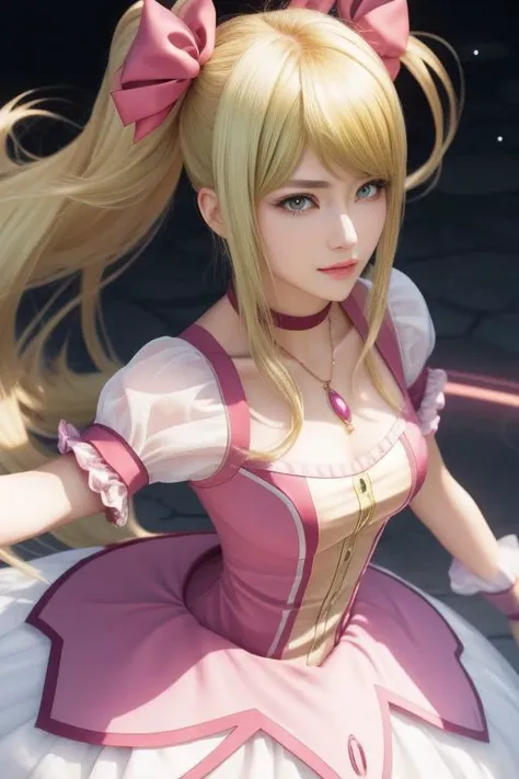 (samus aran) dressed in (puffy pink kanamemadokaoutfit), (long straight blonde hair), magical girl, masterpiece, best quality, (perfect face, beautiful face, symmetric face)