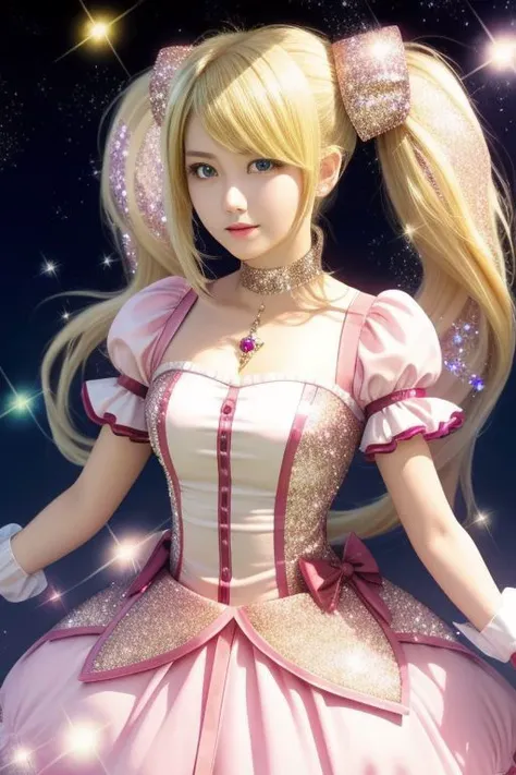 (samus aran) dressed in (puffy pink kanamemadokaoutfit), (blonde girly twintails), magical girl, masterpiece, best quality, (perfect face, beautiful face, symmetric face), (sparkles:1.5)