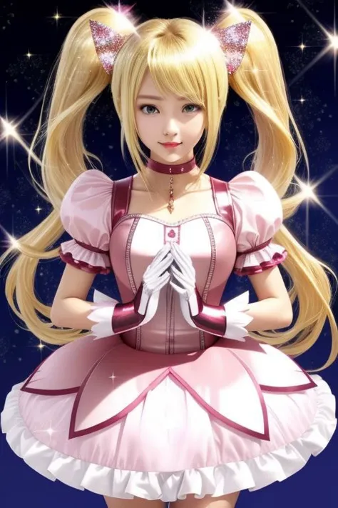 (samus aran) dressed in (puffy pink gleaming kanamemadokaoutfit), (blonde girly twintails), magical girl, masterpiece, best quality, (perfect face, beautiful face, symmetric face), (sparkles, sparkling hair, sparkling clothes, sparkles around face:1.3), (shiny glossy translucent clothing:1.1)