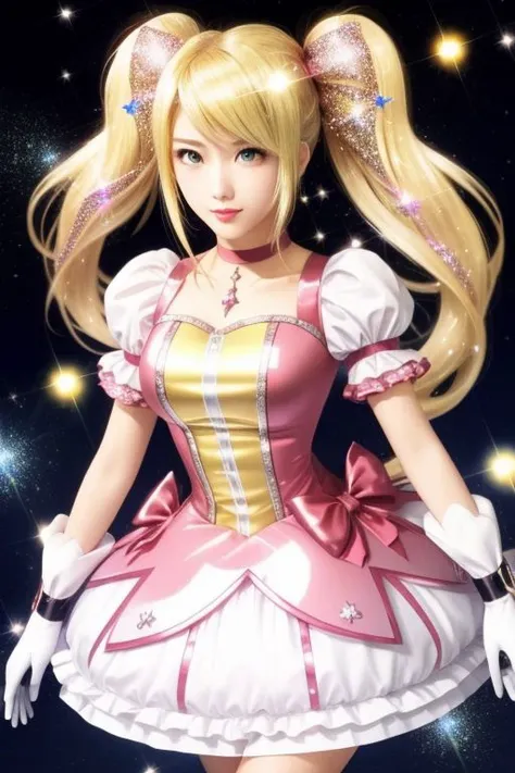 (samus aran) dressed in (puffy pink gleaming kanamemadokaoutfit), (blonde girly twintails), magical girl, masterpiece, best quality, (perfect face, beautiful face, symmetric face), (sparkles, sparkling hair, sparkling clothes, sparkles around face:1.3), (shiny glossy translucent clothing:1.1)