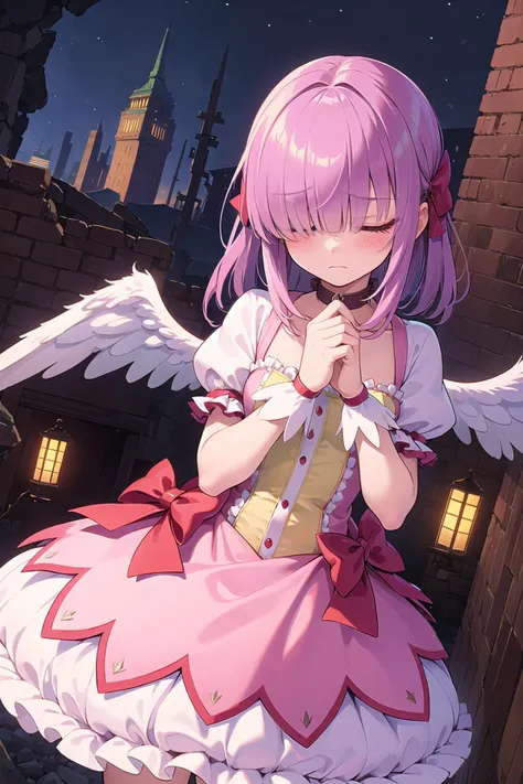 best quality, ultra-detailed, (1girl, solo,<lyco:kaname_madoka_outfit-v1:1>, kanamemadokaoutfit, soul_gem , angel wings ,, hair over eyes, covered eyes, blunt bangs, liberty spikes hair, sad), dark background, ruins, evil world, at night