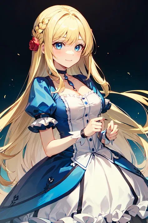 ultra detailed, masterpiece, best quality, solo, light smile, 
1girl, blue eyes, (very long hair, blonde hair, long blonde hair:1.3), french braid, bangs, medium breasts, 
 <lora:kaname_madoka_outfit-base-anylora-v1-1-1-000015_1_BiiiiMoOOo_WOF:1> kanamemadokaoutfit, blue clothes,
