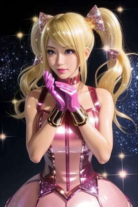 (samus aran) dressed in (puffy pink latex kanamemadokaoutfit), (blonde girly twintails), magical girl, masterpiece, best quality, (perfect face, beautiful face, symmetric face), (sparkles, sparkling hair, sparkling clothes, sparkles around face:1.3), (shiny glossy translucent clothing, gleaming oily latex fabric :1.1)