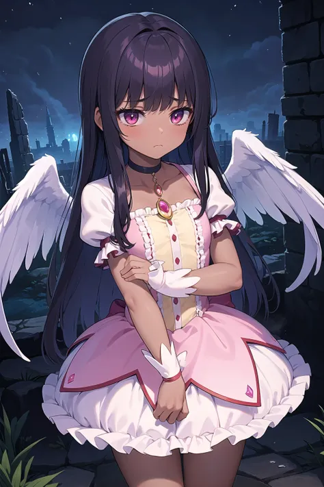 best quality, ultra-detailed, (1girl, solo,<lyco:kaname_madoka_outfit-v1:1>, kanamemadokaoutfit, soul_gem , angel wings ,dark skin , bangs, big hair, sad), dark background, ruins, evil world, at night