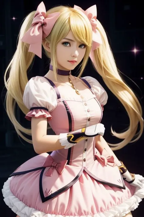 (samus aran) dressed in (puffy pink kanamemadokaoutfit), (blonde girly twintails), magical girl, masterpiece, best quality, (perfect face, beautiful face, symmetric face)