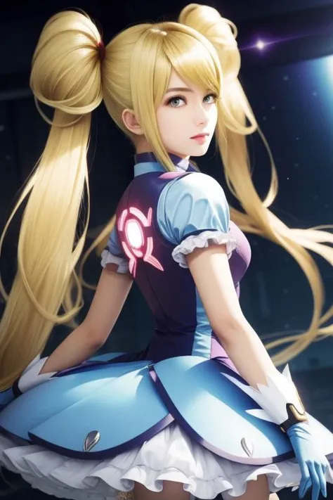 (samus aran) dressed in (puffy blue kanamemadokaoutfit), (blonde girly twintails), magical girl, masterpiece, best quality, (perfect face, beautiful face, symmetric face)