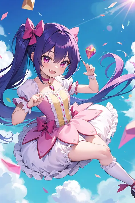 best quality, ultra-detailed, (1girl, solo,<lyco:kaname_madoka_outfit-v1:1>, kanamemadokaoutfit, soul_gem , , hair_pulled_back, smile fang,jheri curl, ), in mid air