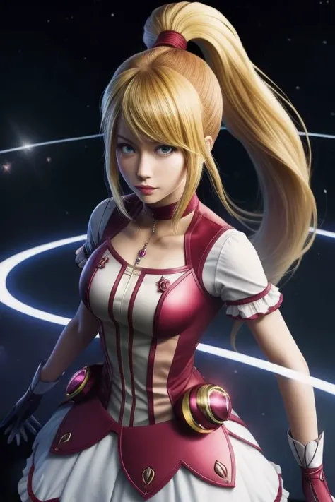 (samus aran) dressed in (kanamemadokaoutfit), (ponytail, hair tie), magical girl, masterpiece, best quality, (perfect face, beautiful face, symmetric face)