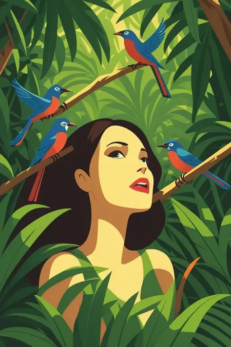 Colorful vector artwork of woman hiding in the jungle foliage with birds by Malika Favre <lora:Malika_Favre_Style_XL>